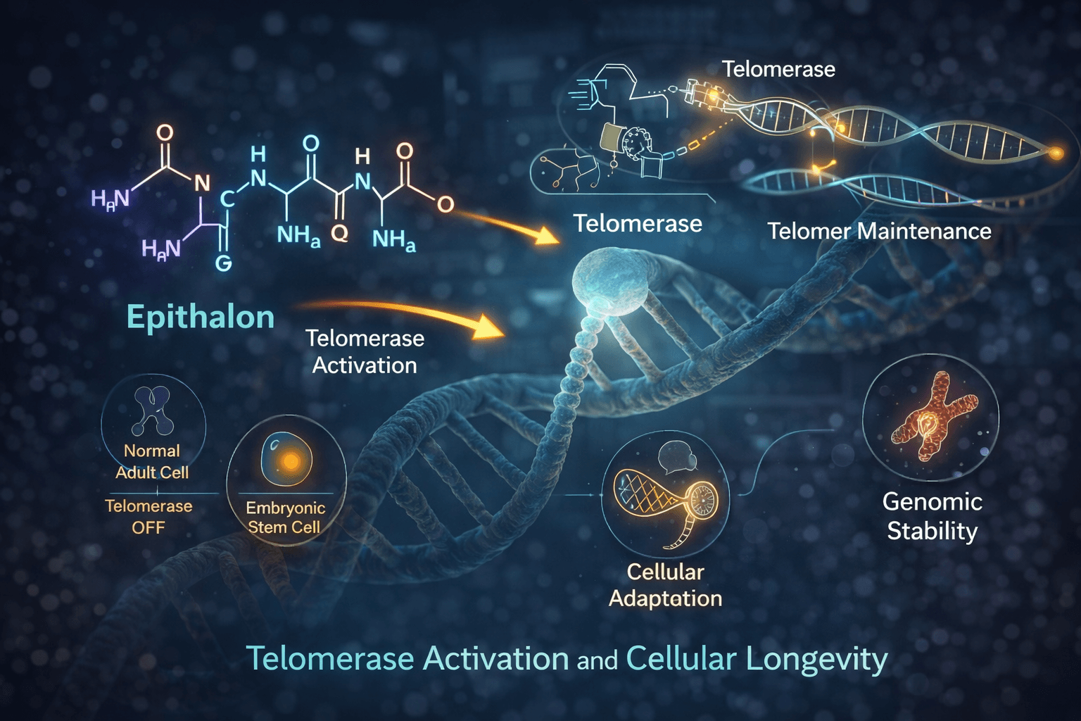 Epithalon telomerase and cellular pathway diagram
