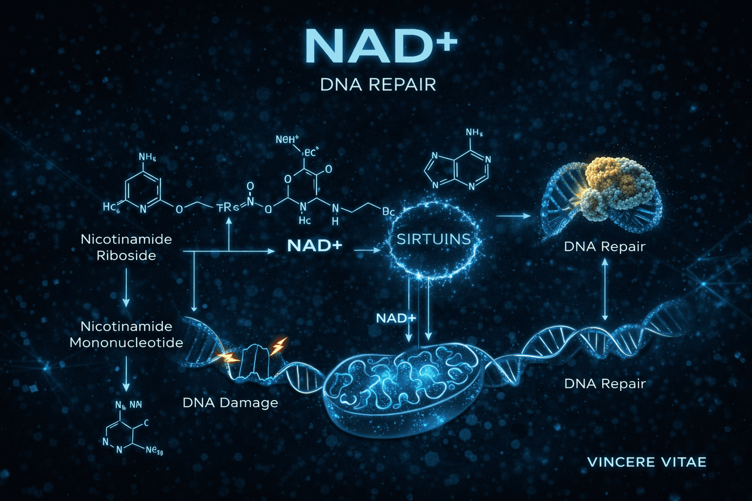 NAD+ DNA repair and PARP pathway diagram
