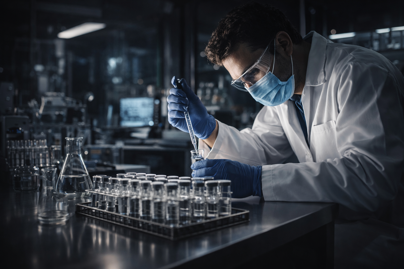 Researcher working with compounds in a laboratory