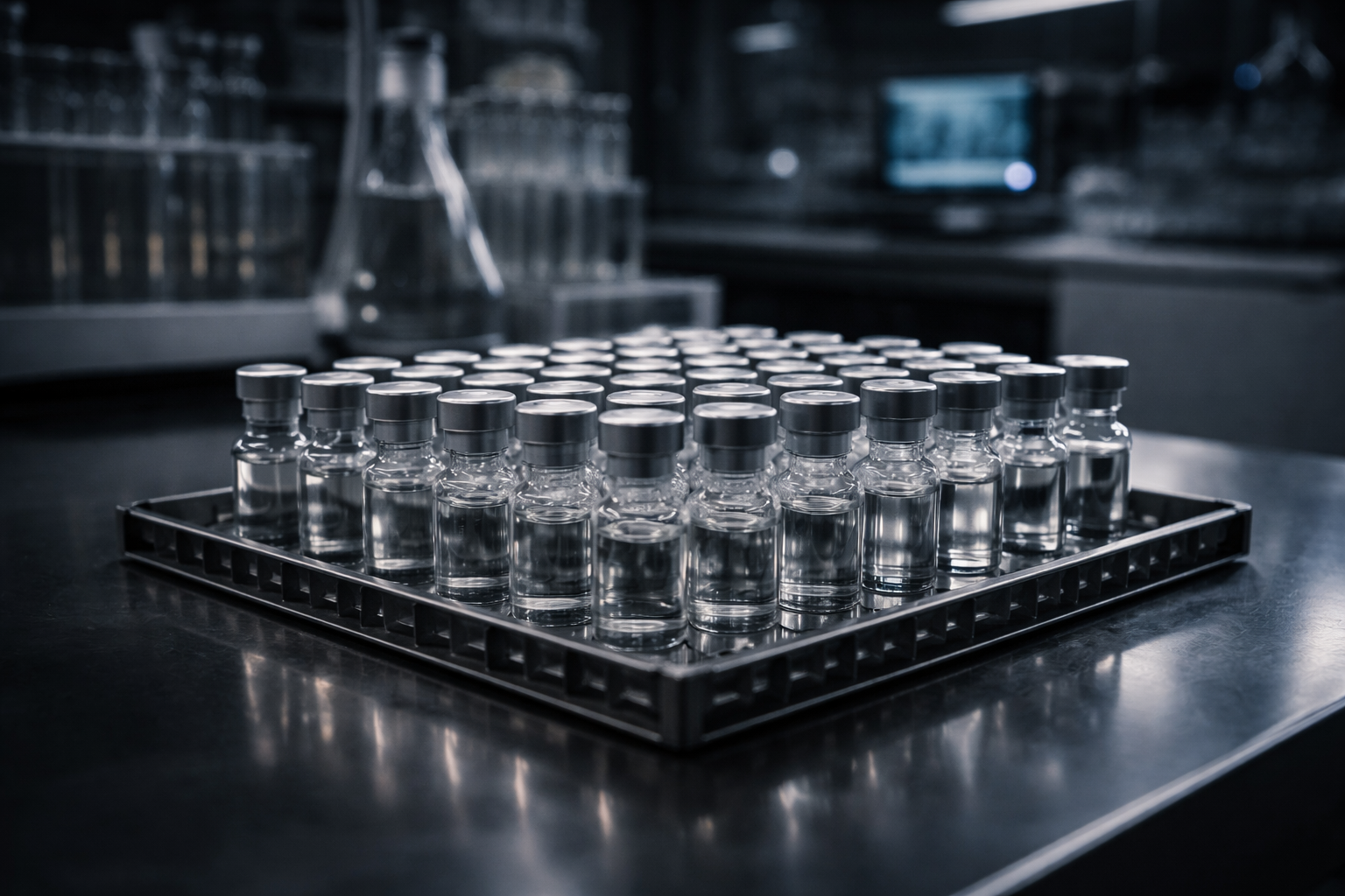 Laboratory vials arranged in a professional research setting